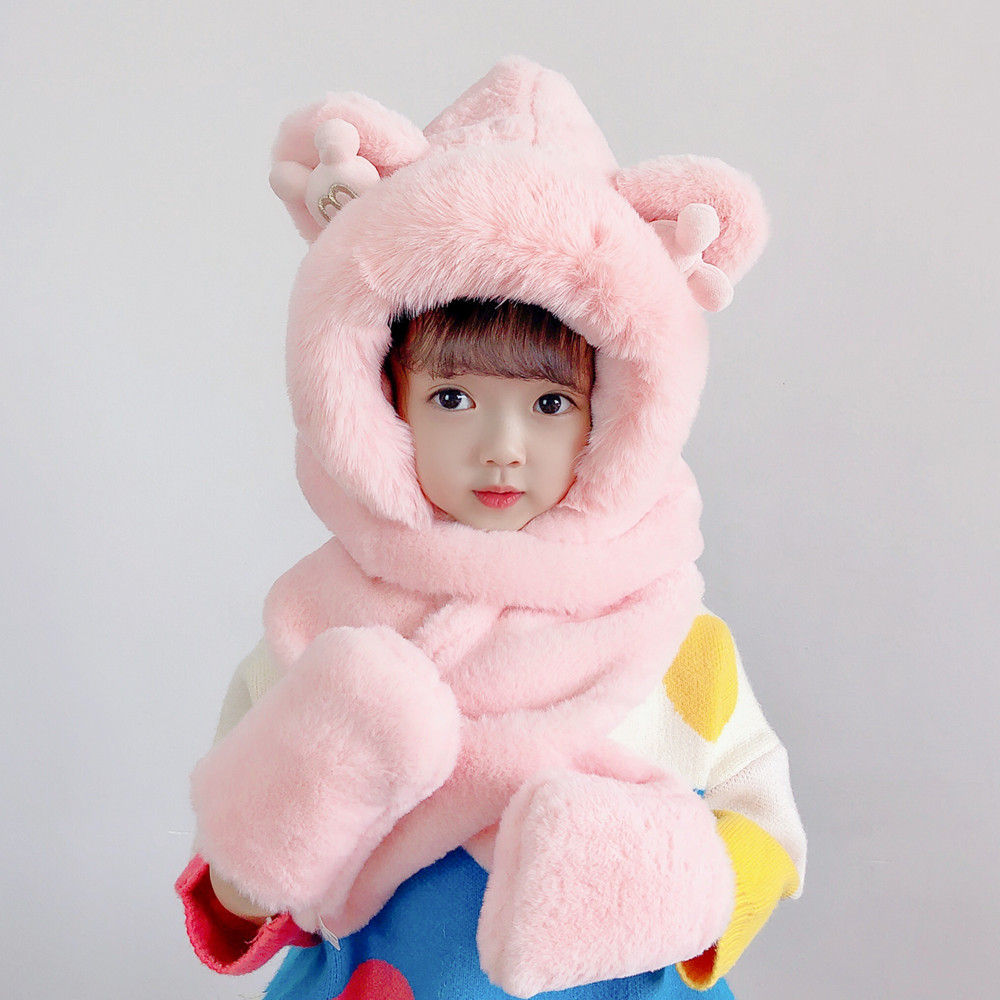 Autumn and Winter Children's hat scarf all-in-one hat warm baby scarf for boys and girls plush bear ear protection cap cap