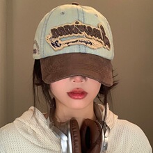 软顶棉棒球帽破洞做旧绣字母女士春夏鸭舌帽子时尚防晒帽檐显脸小