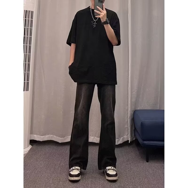 2024 primavera y otoño nuevo estilo americano calle alta suelta recta pantalones largos casuales negros marca de moda jeans para hombres