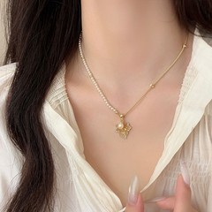 复古渐变水晶枫叶珍珠吊坠项链轻奢高级感锁骨链个性气质优雅颈链