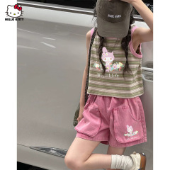 ガールズサマーメロディーIPストライプノースリーブTシャツセット2025新作中大型子供用2点セット