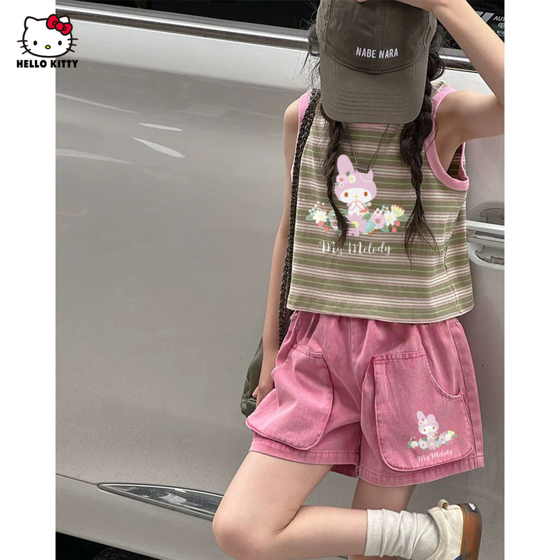 ガールズサマーメロディーIPストライプノースリーブTシャツセット2025新作中大型子供用2点セット|undefined