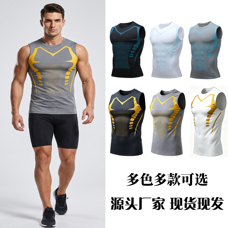 Men's Quick-Dry Sports Vest Summer Fitness Training Sleeveless T-Shirt Breathable Ice Silk Tight-Fitting Running Sportswear