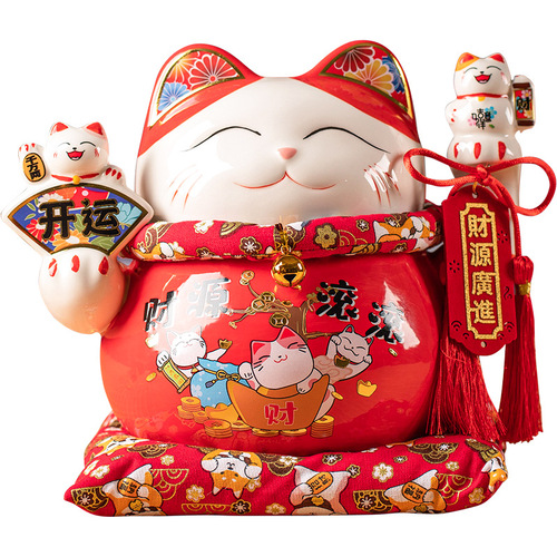 Red Money Cat Ornament Opening Gift Home Store Cashier Counter Piggy Bank Happy Cat 6.5 inches