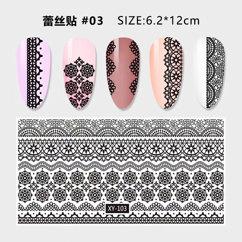 Nuevo tipo transfronterizo de manicuría japonesa pegatinas de encaje en el viento de manicuría pegatinas de uñas pegatinas de encaje duro negro y blanco
