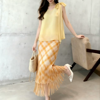 夏日限定三宅风压褶套装菱格流苏半裙+同色系吊带上衣夏末清仓