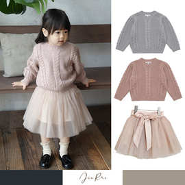 现货 欧美LOU羊毛混纺毛衣粉色儿童可爱网纱裙套装秋款女童纱裙子