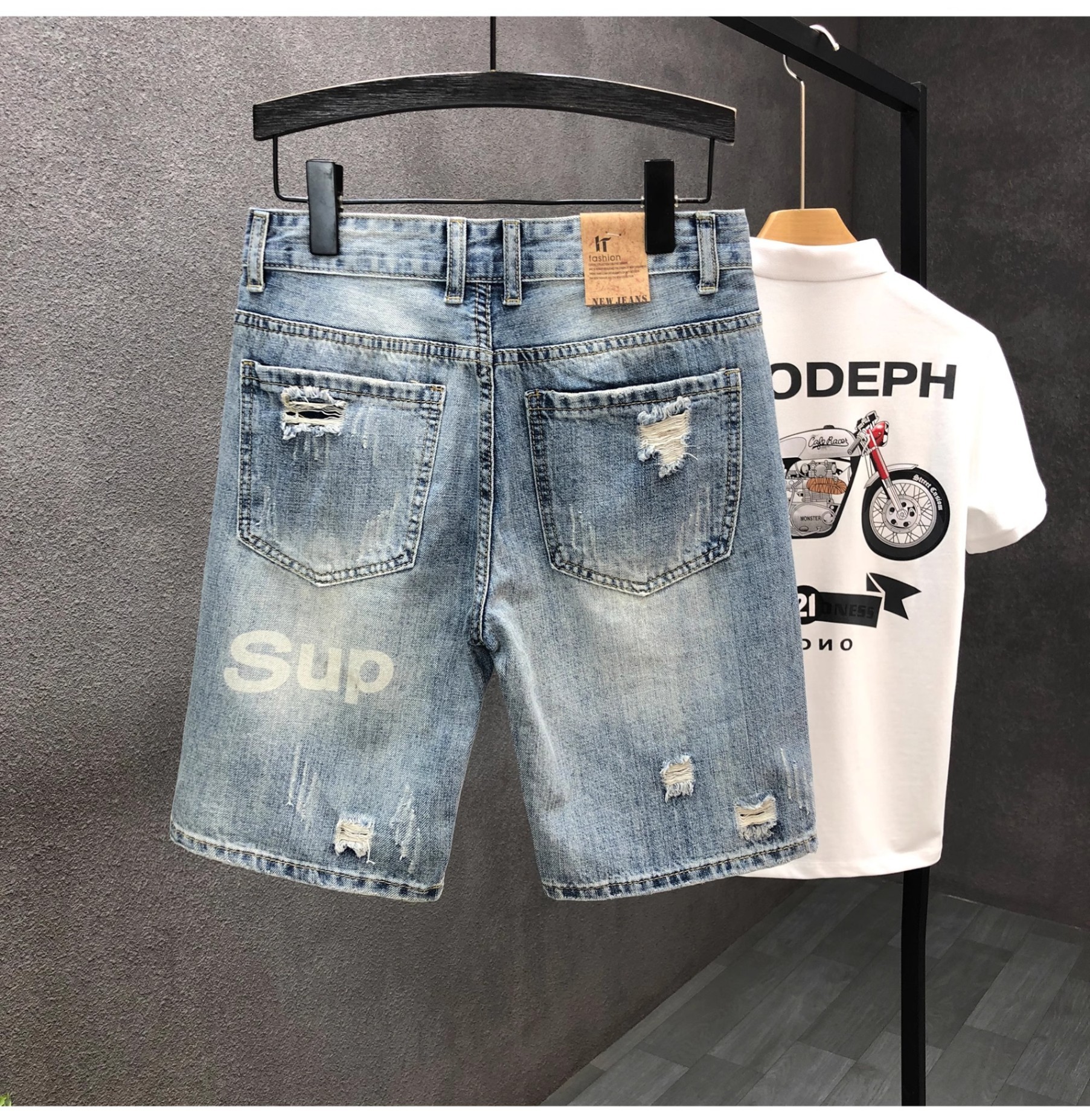Men's Ripped Denim Shorts Summer Wear Resistant Light Colored Elastic Comfortable Casual Handsome Washed Retro Shorts_mkmklike.com