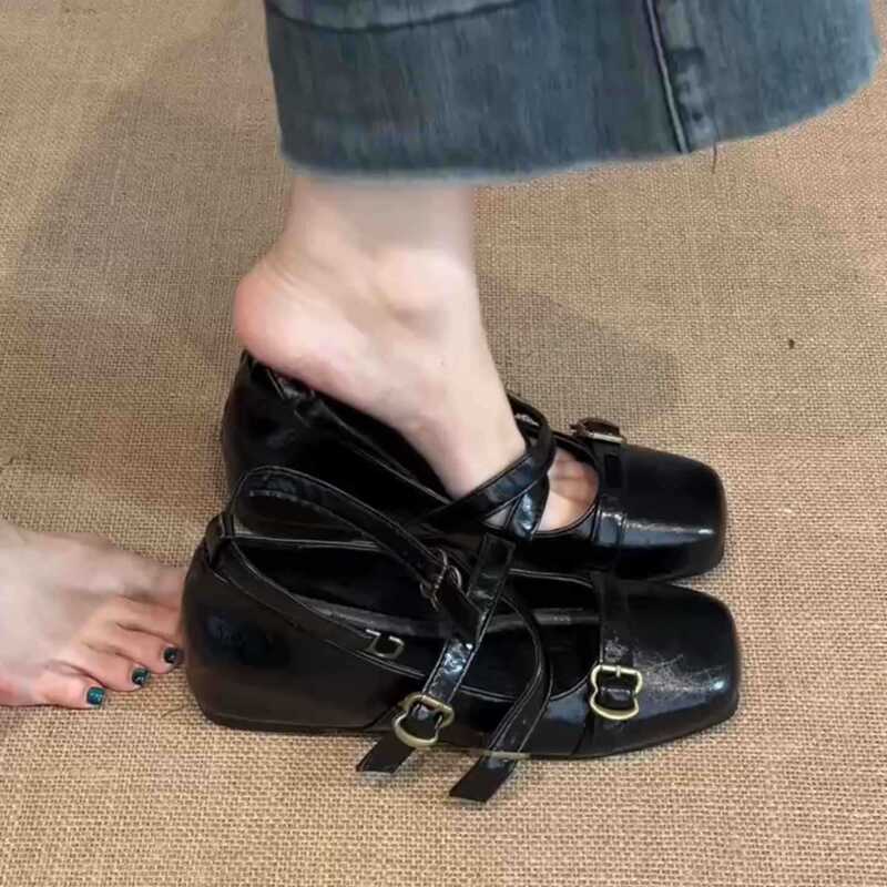 设计感法式复古女士方头浅口单鞋夏季时尚交叉绑带皮带扣玛丽珍鞋|undefined