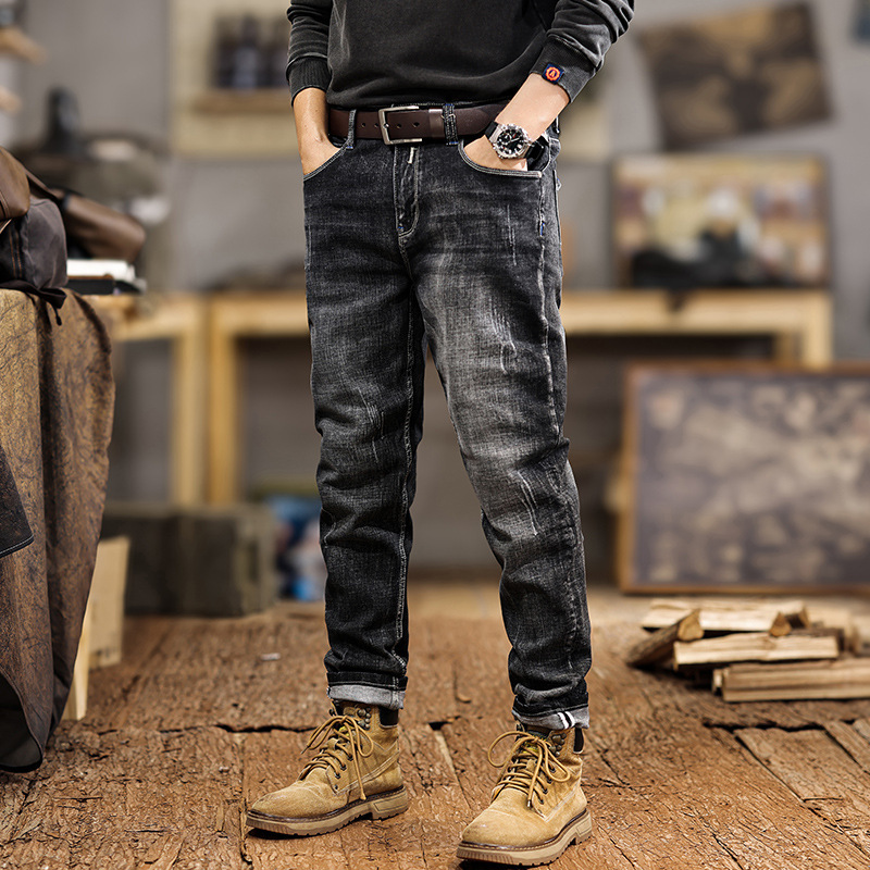 American-Style Trendy Brand Jeans for Men, New Spring and Autumn Models, Washed, Distressed, Stretchy, Slim-Fit, Straight-Leg, Tapered Skinny Pants