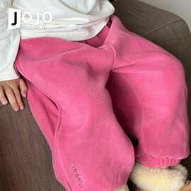 韩系童装女童玫红色裤子秋冬洋气儿童加绒刺绣卫裤宝宝休闲束脚裤