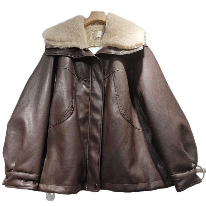 Cordero cosido gran chaqueta de cuero chaqueta de invierno de mujer nueva moda suelta con lana gruesa chaqueta de piel