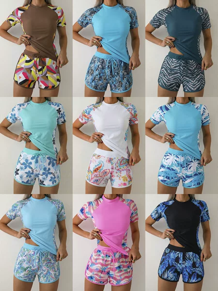 2025 European and American Style Two-Piece Surf Suit Short-Sleeve Conservative Swimwear for Women Cross-Border Amazon Aliexpress Hot Spring Swimwear for Women