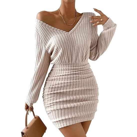 2024 Women's Solid Color V-neck Long Sleeve Ruffle Tight Pencil Mini Short dress
