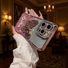 适用iPhone16手机壳蝴蝶支架1415电镀边钻苹果17Promax保护套新款