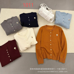 1011韩版蘑菇刺绣圆领单排扣长袖针织开衫女百搭减龄毛衣外套上衣