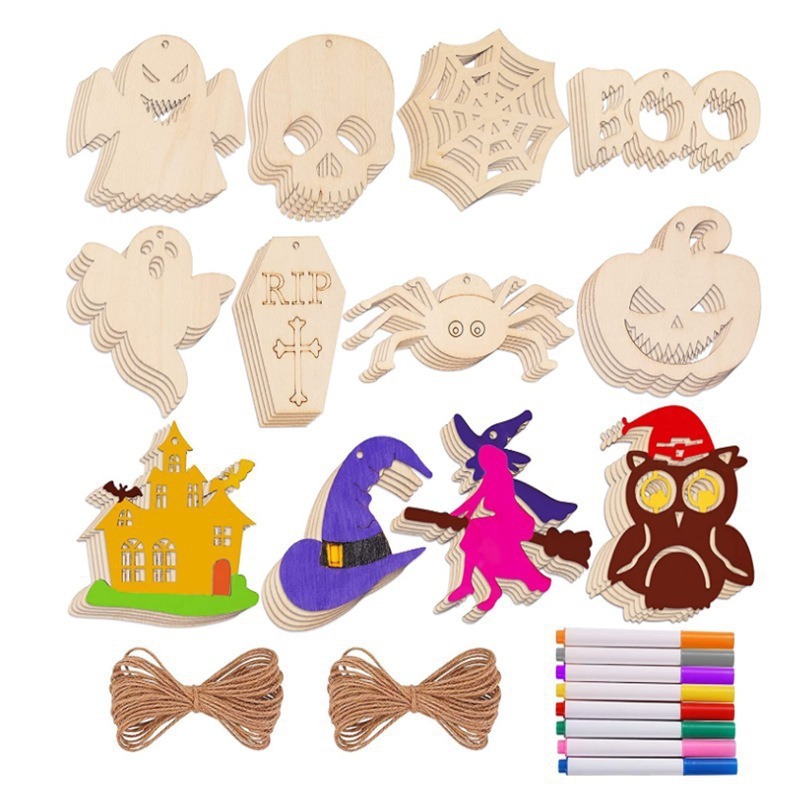ハロウィンゴーストフェスティバルウッドチップ DIY パーティーフェスティバル装飾 DIY クリエイティブ落書き木製カボチャ魔女クラフトペンダント|undefined
