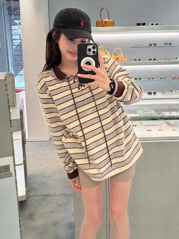 早秋薄款条纹翻领无帽卫衣女款春秋季2025新款慵懒风宽松上衣百搭|undefined