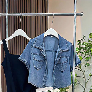 Vintage Short-sleeved Denim Jacket Thin Niche Short Jacket Denim Cardigan Short-sleeved Denim Shirt Lapel Jacket