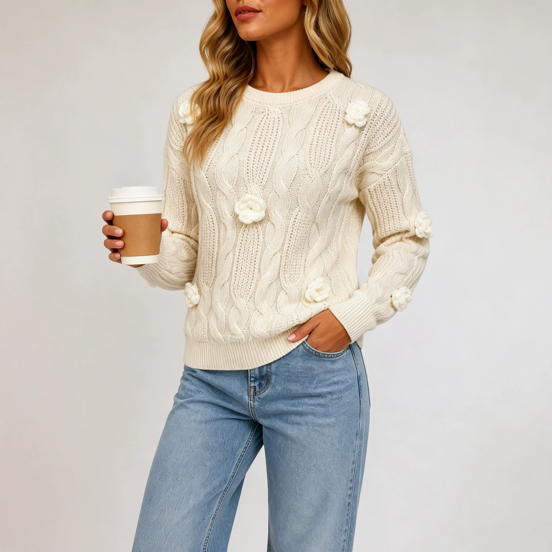 26 new models of heavy industry European products, chic and high-end three-dimensional embroidery rose crochet raccoon velvet sweater for women