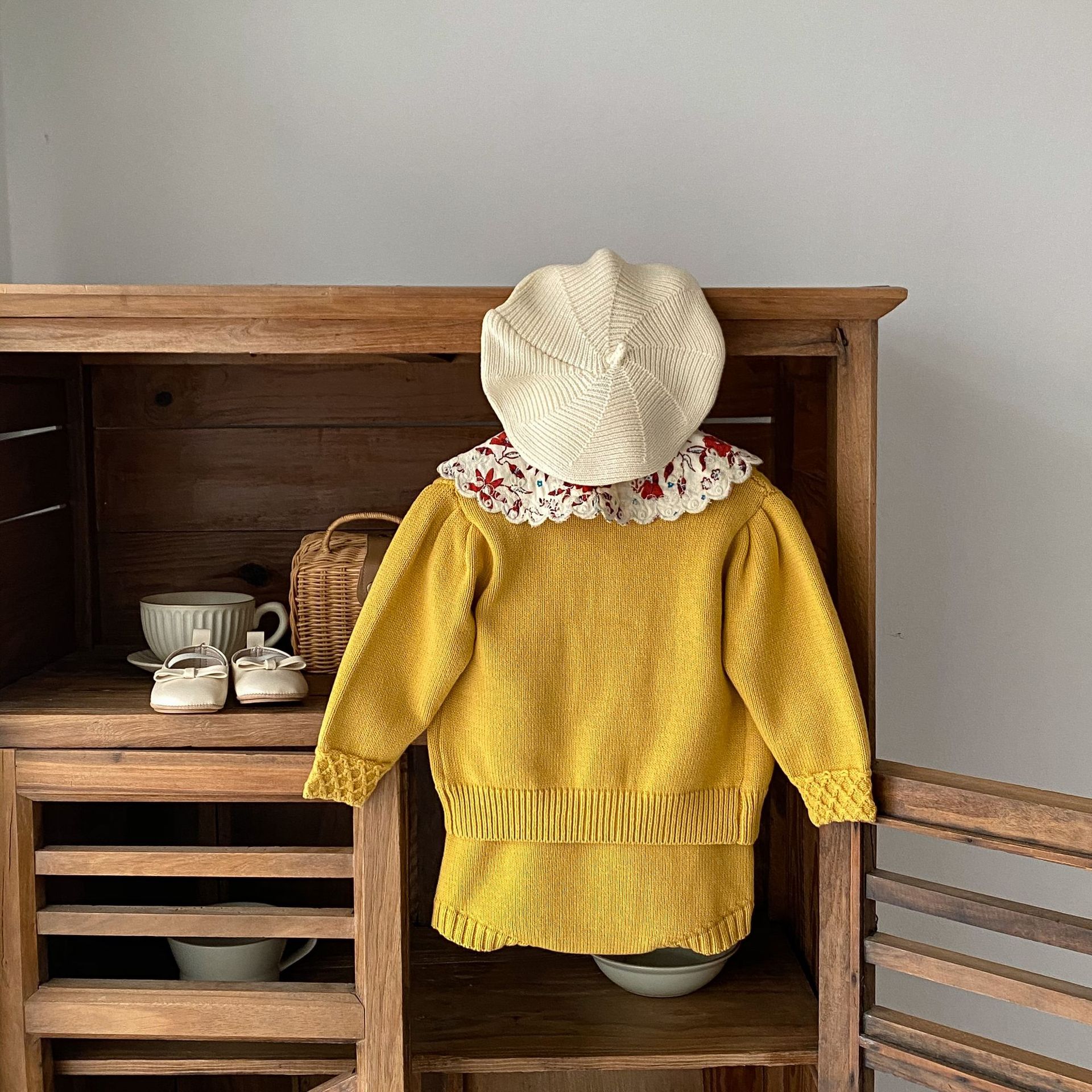 Proljetna 2024. žuta pletena jakna za dojenčad i djevojčice + jednobojni kaput na naramenice, set od 2 dijela dostupan za sortiranje_voghion.com