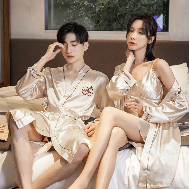 New Spring and Autumn Silk Couple Pajamas Men's Nightgown Shorts Women's Summer Suspender Skirt Sexy Bathrobe Two-Piece Set Embroidered Words