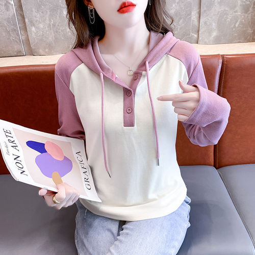 Stylish Color Block Hooded Base Layer Sweatshirt Women's Winter Sweatshirt 2025 New Design Long Sleeve T-Shirt Short Top