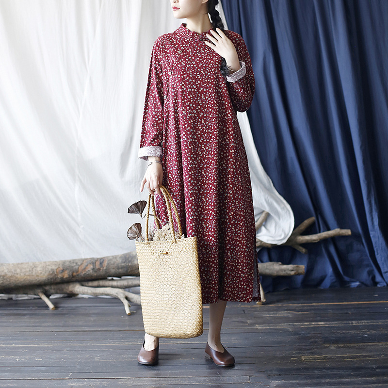 22124 Xi Mo Original Autumn Guofeng Vintage Vertical Collar Women's Long Sleeve Dress Full Cardigan Loose Skirt