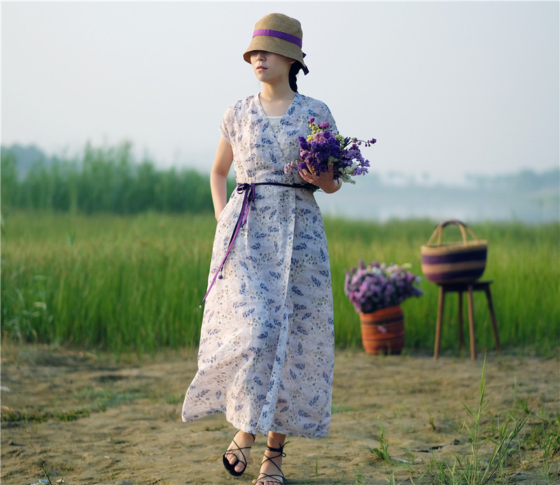 Ayuan V Neck Dress Women's Improved Cheongsam Ramie Digital Printing Slimming Look Waist Cardigan Long Skirt Summer