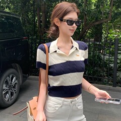 Polo领条纹薄款针织短袖女2025新款夏季轻奢高级感短款针织衫上衣