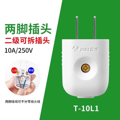 多只装公牛10A插头电线二头两脚接线两孔两角项电源2极GNT-10L1S