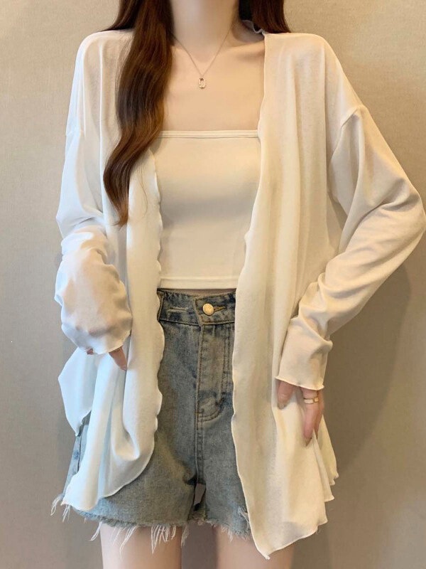Thin Ice Silk White Sun Protection Cardigan Jacket for Women, New Summer Style, Plus Size, Medium-Long Outerwear