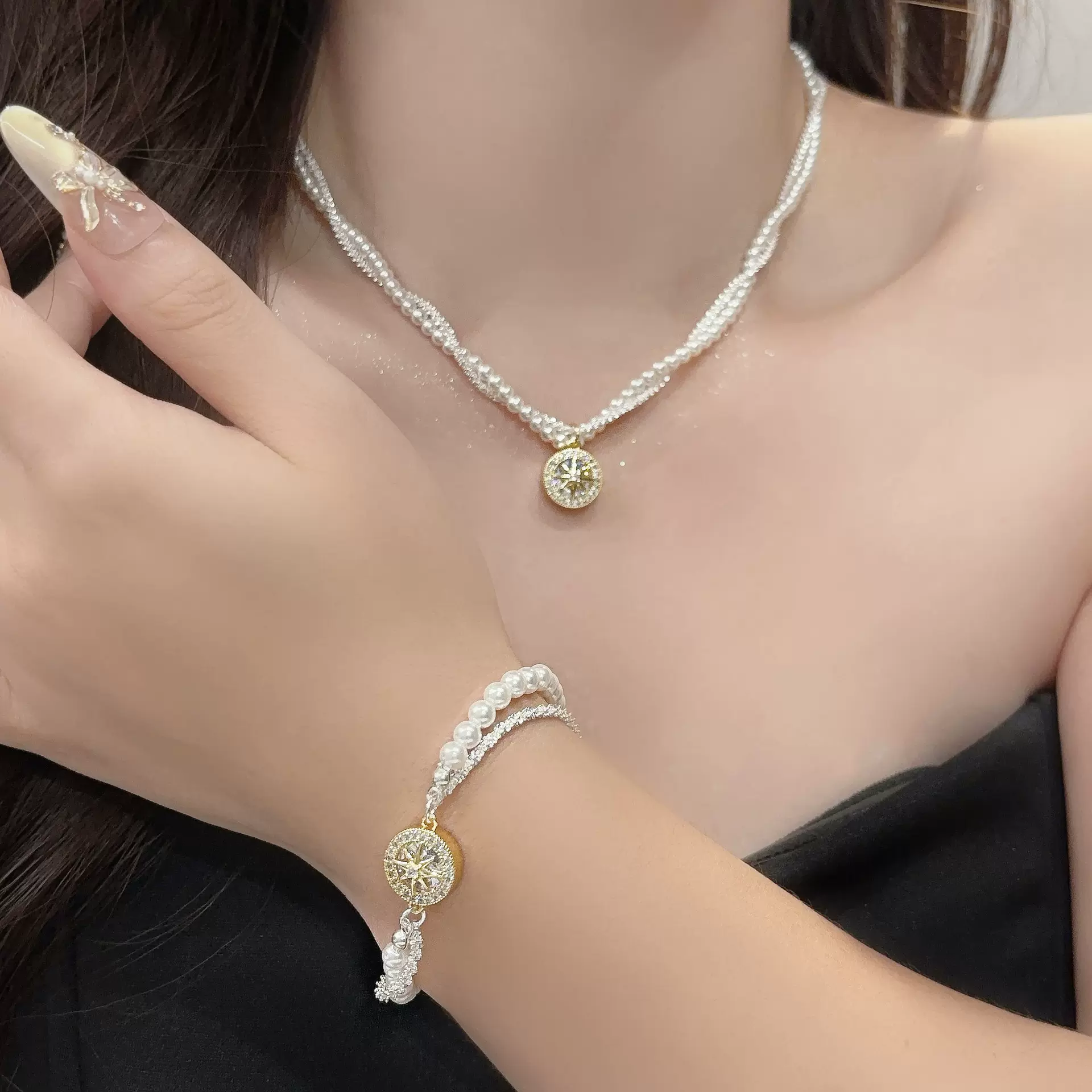 双层叠戴八芒星吊坠珍珠项链女 轻奢小众简约 高级感缠绕手链配饰