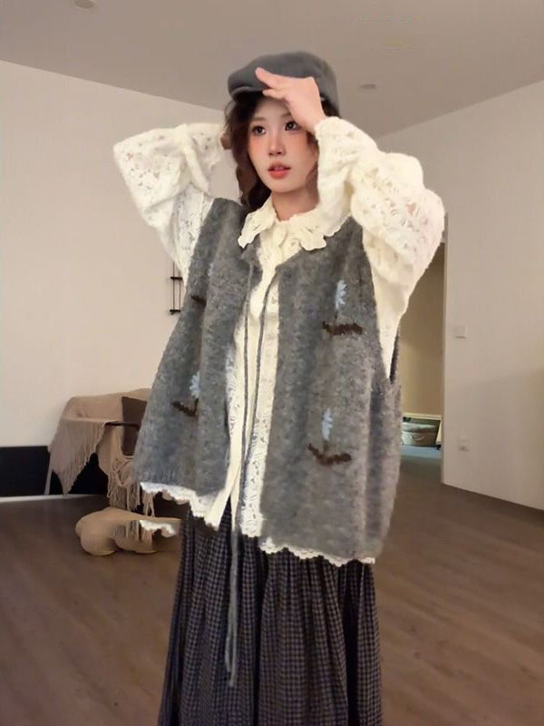 韩系学院风休闲灰色针织马甲+长袖衬衫+高腰格子半身裙女三件套装|undefined