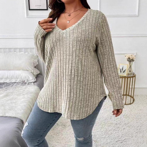 2025 Amazon Independent Store European and American Autumn/Winter New Solid Color Plus Size V-Neck Long-Sleeve Plaid Velvety T-Shirt for Women