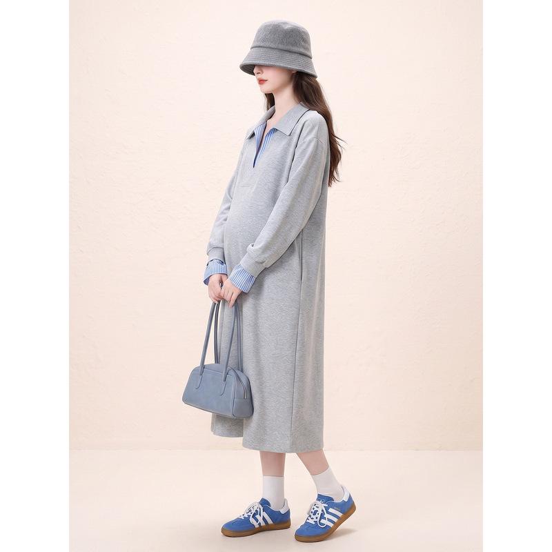 E-61307 # Autumn casual style faux two-piece polo collar patchwork dress for women, long-sleeved, loose-fitting, mid-length, tummy-concealing E-61307 # Autumn casual style faux two-piece polo collar patchwork dress for women, long-sleeved, loose-fitting, mid-length, tummy-concealing