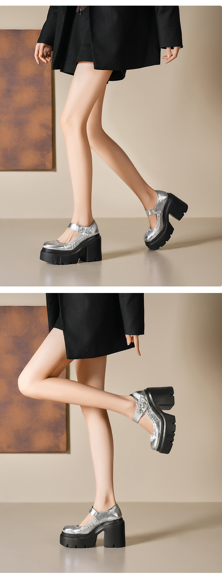 Giày cao gót nữ đế xuồng platform gót 12 cm da thật — Màu đen chi tiết 5