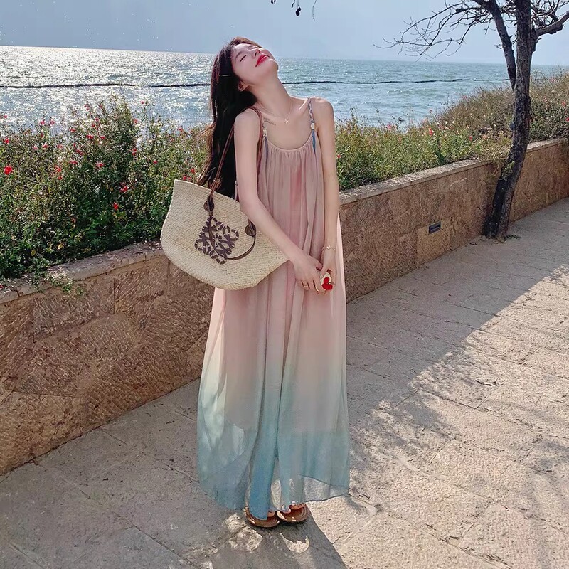 Pink and Blue Gradient Suspender Dress for Women, Summer Seaside Resort Style, Loose, Slimming, Gentle and Elegant Long Fairy Dress Pink and Blue Gradient Suspender Dress for Women, Summer Seaside Resort Style, Loose, Slimming, Gentle and Elegant Long Fairy Dress