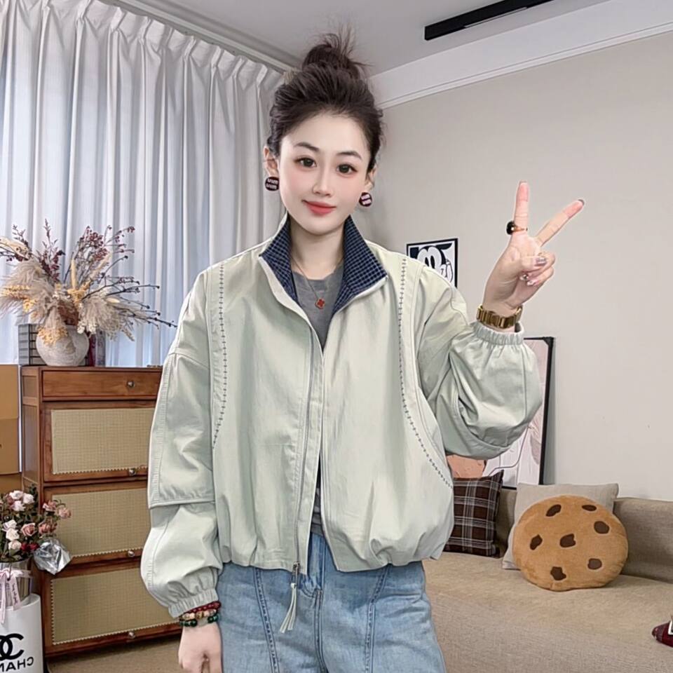 Áo khoác bóng chày nữ dáng ngắn rộng rãi phong cách casual, dài tay cổ bẻ khóa kéo — Màu xám đậm, Xanh kaki, Xanh khói, màu đen