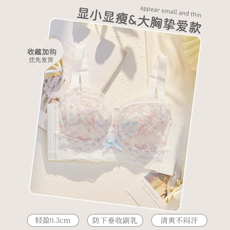 无钢圈轻薄透气收副乳全罩杯大胸显小内衣女大码聚拢文胸蕾丝胸罩|undefined