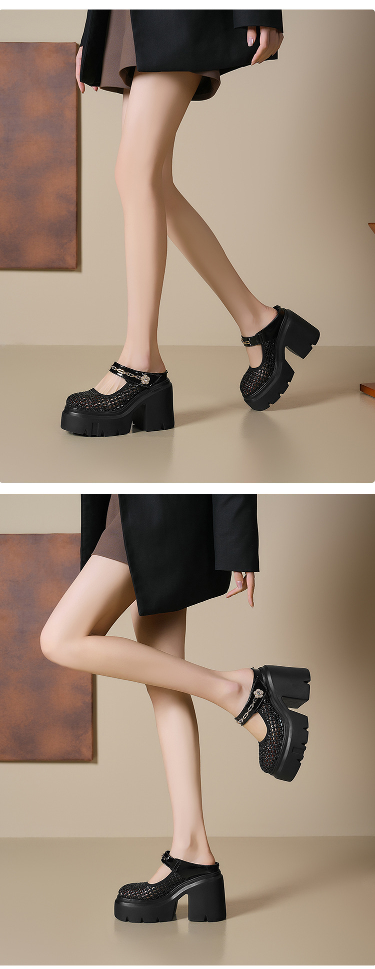 Sandal bít mũi đế dày 12cm tăng chiều cao, dệt lưới rỗng, dép lê cao gót Muller — Màu đen, Màu vàng nhạt, Màu trắng chi tiết 10