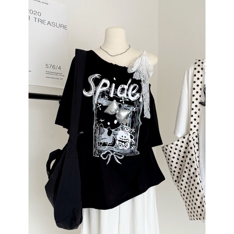 American-Style Sweet and Cool Black Lace-Up One-Shoulder Short-Sleeve Women's Summer Loose Casual Cartoon Letter Print T-Shirt American-Style Sweet and Cool Black Lace-Up One-Shoulder Short-Sleeve Women's Summer Loose Casual Cartoon Letter Print T-Shirt