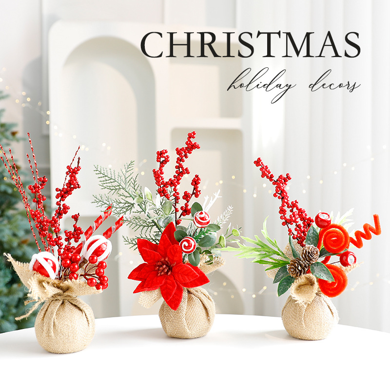 Frutas rojas de Navidad de venta transfronteriza decoración de lienzo decoración de árbol de Navidad decoración de escena decoración fábrica de decoración cabello recto