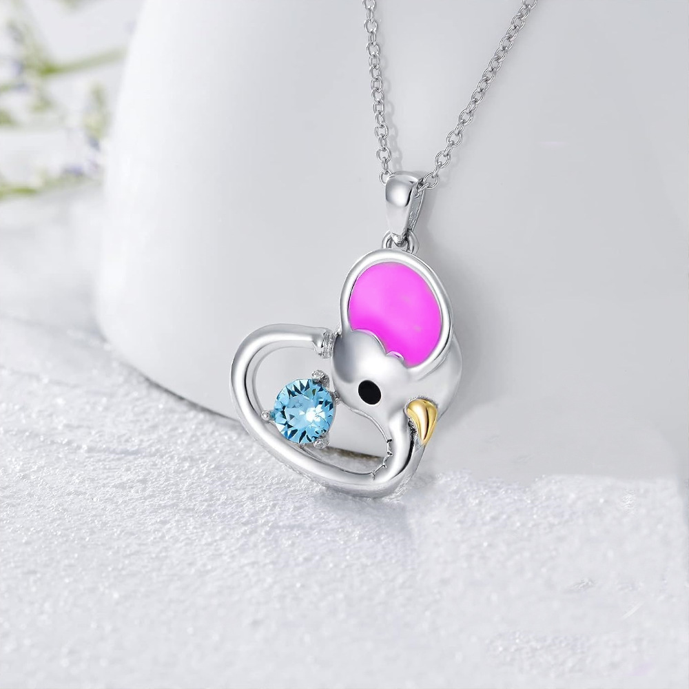 Collana con ciondolo a forma di elefante con grandi orecchie rosa e zircone blu semplice e adorabile, tendenza alla personalità, regali per bambini_voghion.com