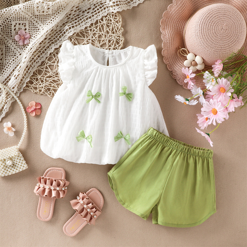 Summer New Foreign Trade Children's Clothing Wholesale: Bow-Tie Flutter-Sleeve Girls' Top + Shorts 2-Piece Set Summer New Foreign Trade Children's Clothing Wholesale: Bow-Tie Flutter-Sleeve Girls' Top + Shorts 2-Piece Set