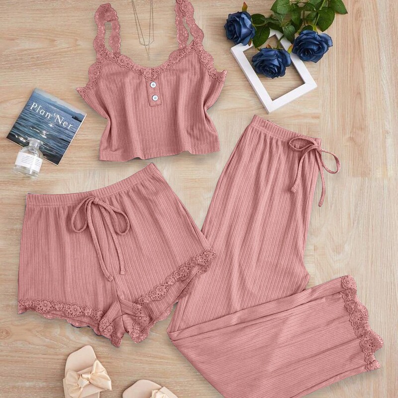 Popular Cross-Border Lace Three-Piece Suit Camisole Trousers Pajamas Women's Slim Home Clothes Popular Cross-Border Lace Three-Piece Suit Camisole Trousers Pajamas Women's Slim Home Clothes