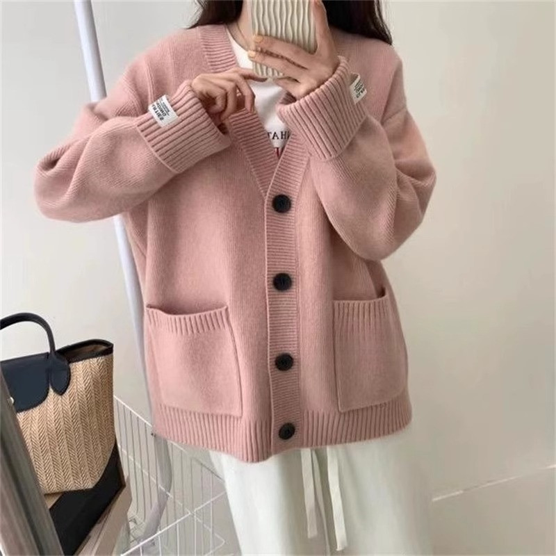 Korean Style Loose Rolled Edge Sleeves Soft and Thick Knitted Cardigan for Women Autumn and Winter New Style Lazy Single-Breasted Sweater Jacket for Women