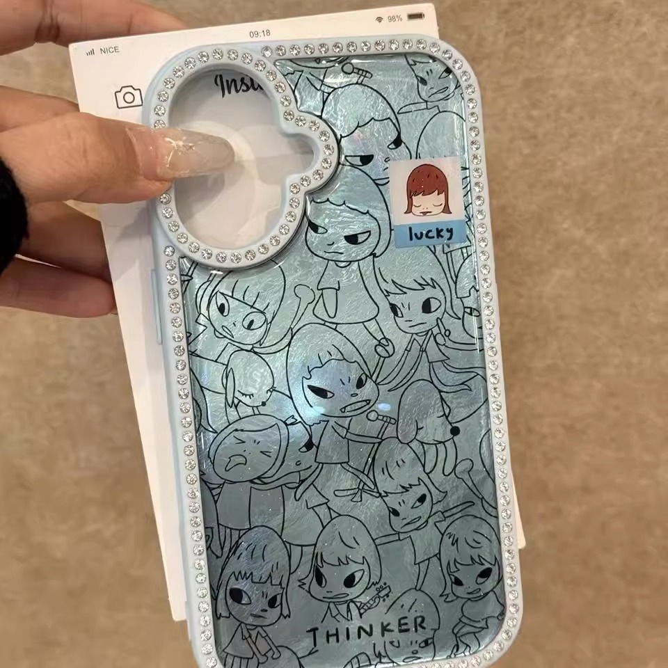 新款镶钻边卡通奈良美智适用iPhone16手机壳苹果15promax防摔14pm