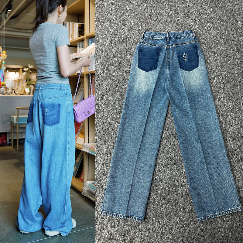 MIU ハイウエストストレートジーンズレディースレター刺繍ルーズカジュアルスリムシンプルワイドレッグパンツ 2025 新しいスタイル|undefined
