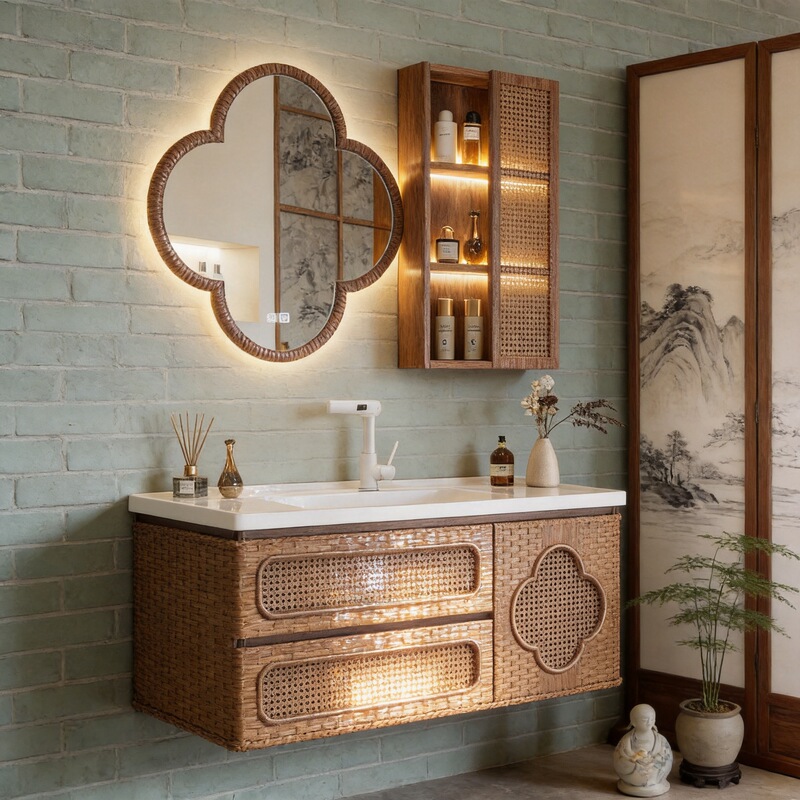 Song-Style Aesthetic Retro Rattan Bathroom Cabinet Set with Ceramic Basin in Walnut Color Washstand Vanity Cabinet